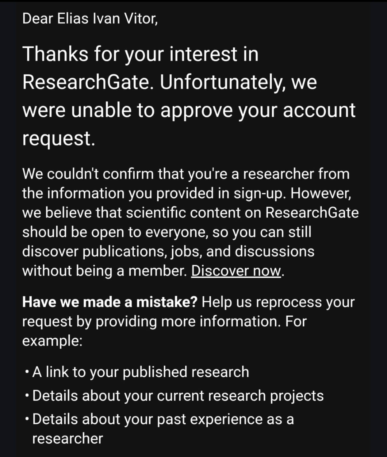 Rejected by ResearchGate